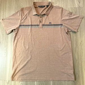 Travis‎ Mathew Mens Short Sleeve Golf Polo Shirt Beige w/ Blue Stripe Size XL